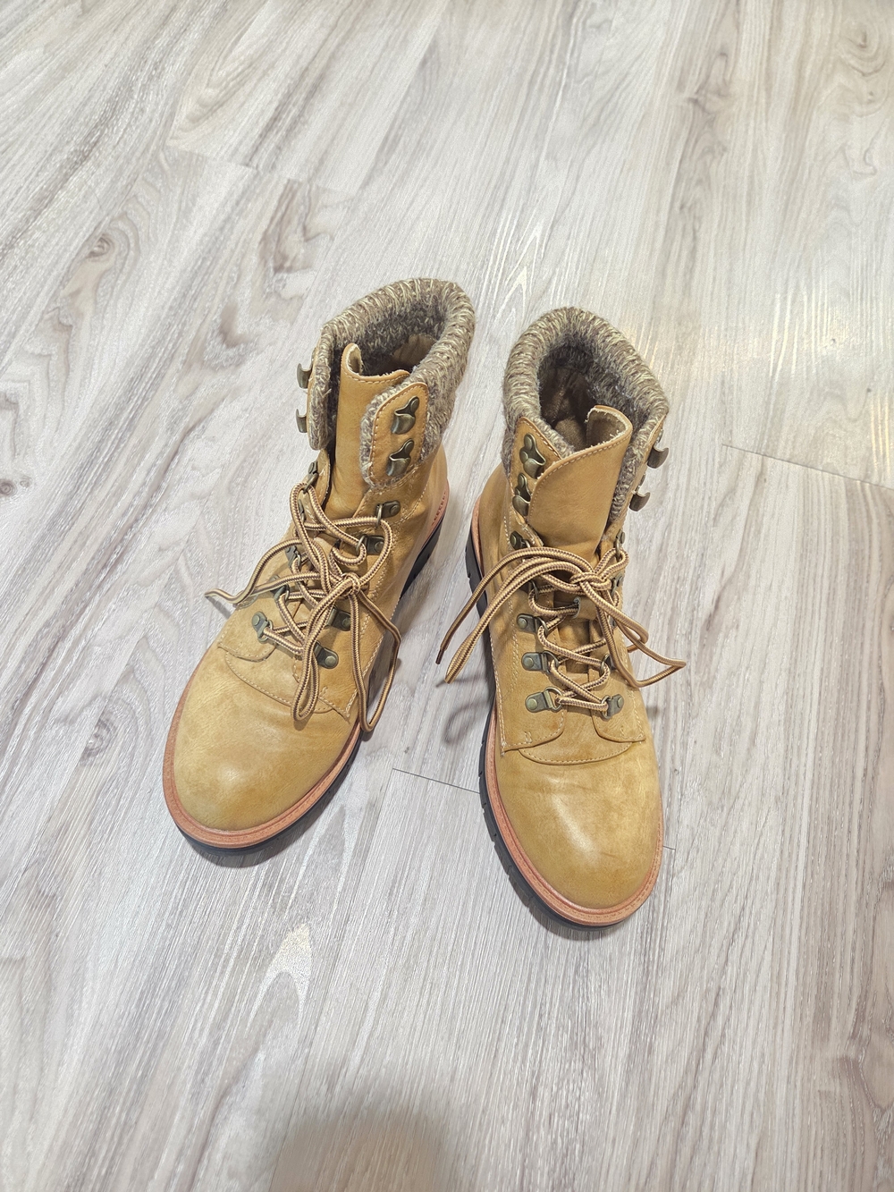 Tan Lace-Up Boots with Cozy Knit Collar